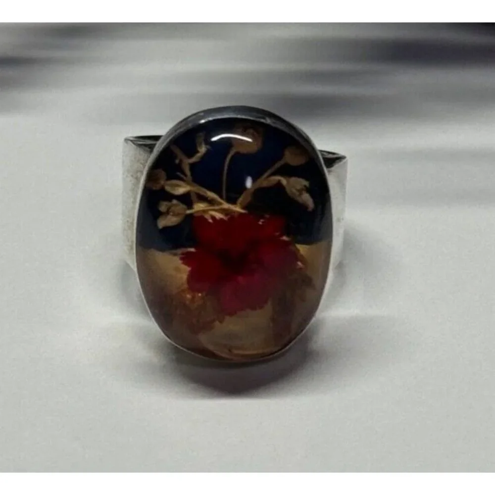 925 STERLING SILVER WITH NATURAL FLOWERS IN EPOXY RESIN RING SIZE 5